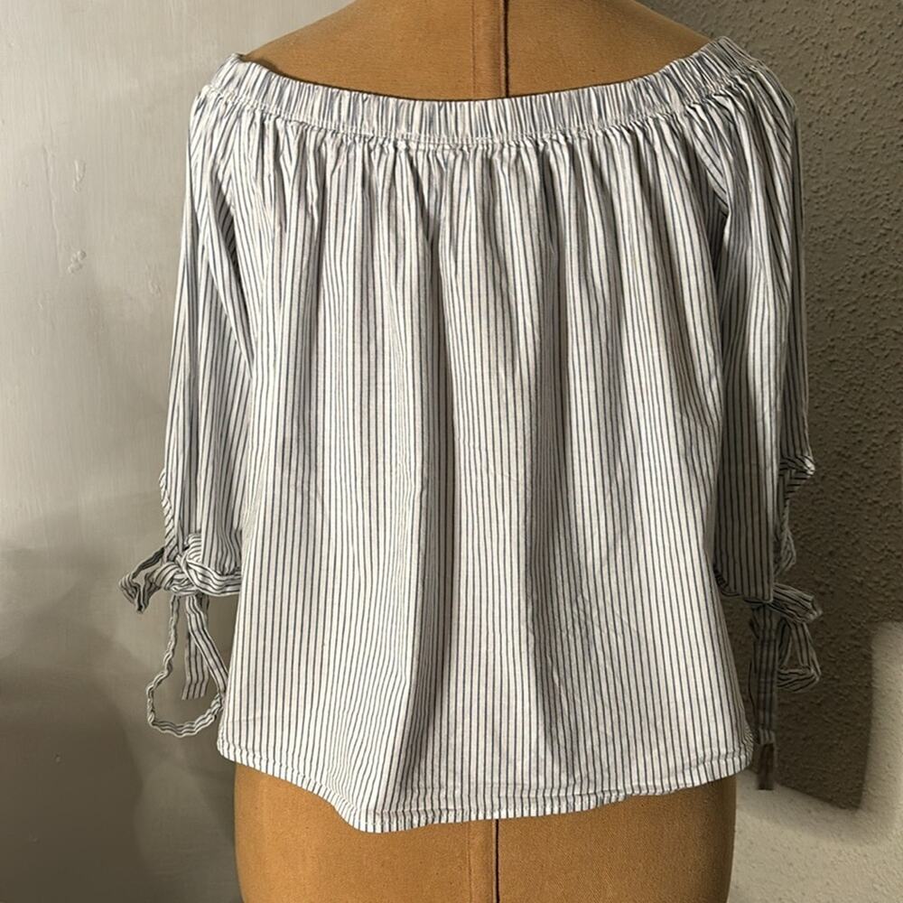 LaBanga Boat Neck Striped Blue/White Top L Tie Sleeves Nautical Preppy Casual - Picture 2 of 11